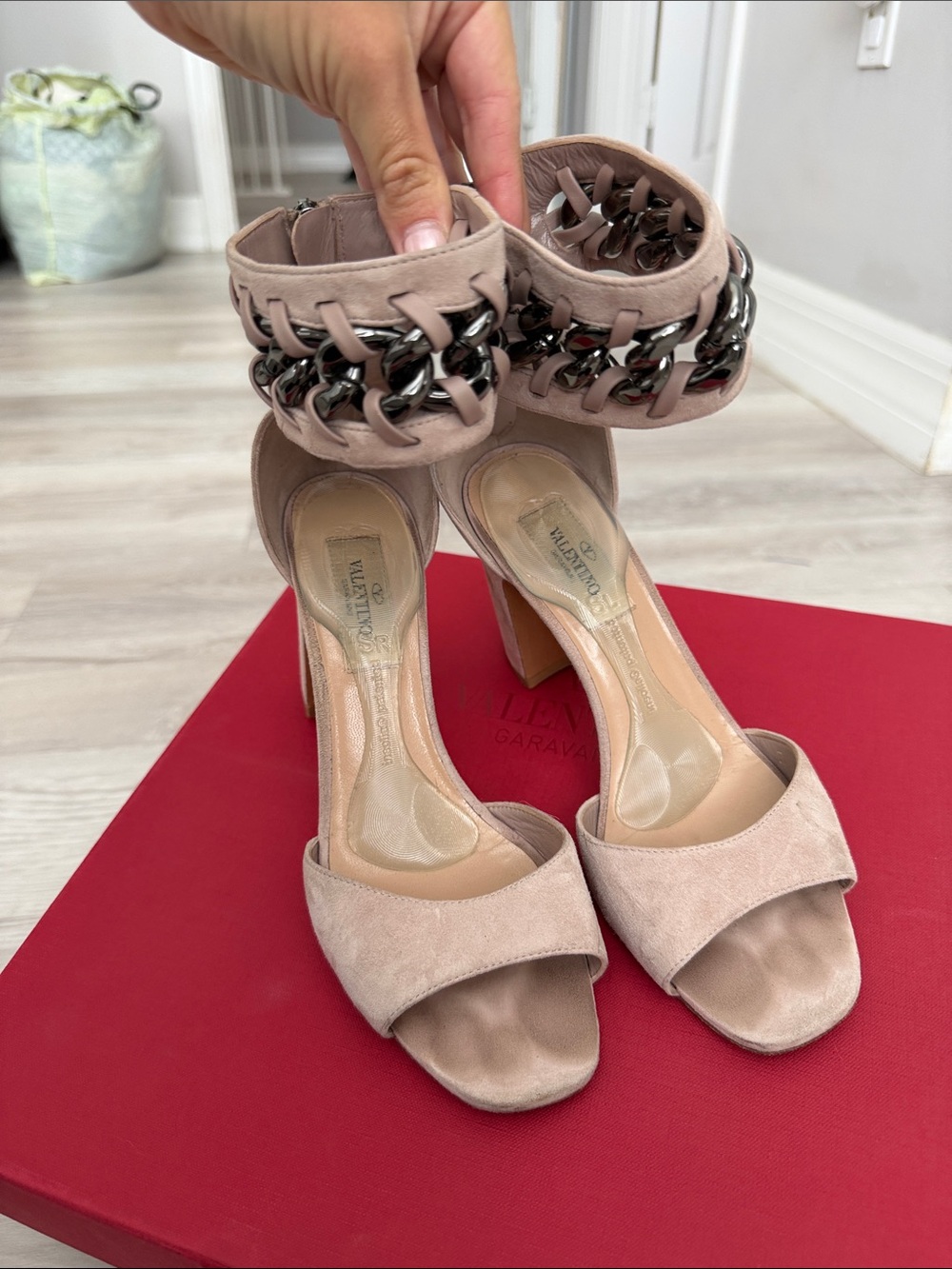 Valentino Garavani Blush Pink Suede Chain-Ankle Block Heels